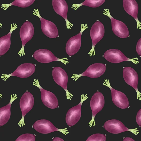 Seamless pattern with purple onion, hand drawn on a dark background