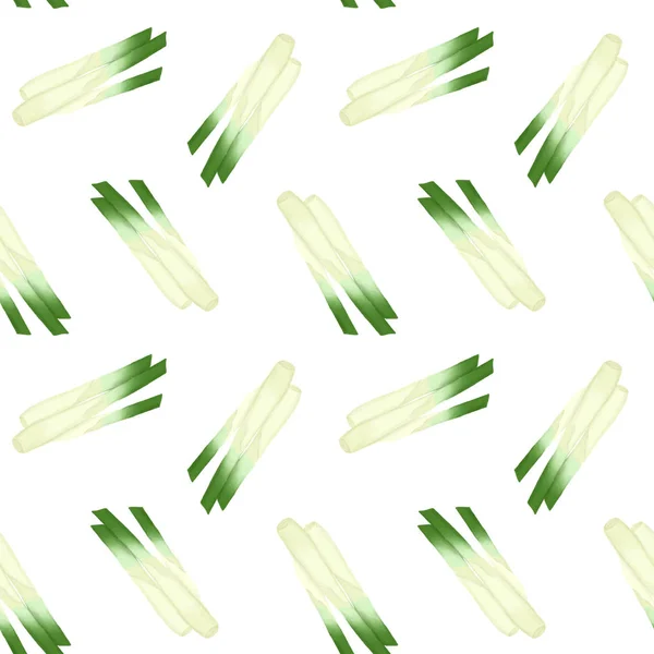 Seamless pattern with green onions, hand drawn on a white background