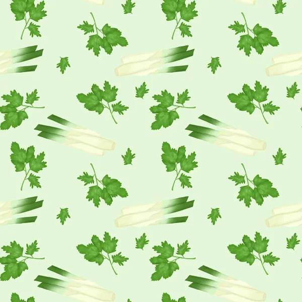 Seamless pattern with parsley and green onions, hand drawn on a green background