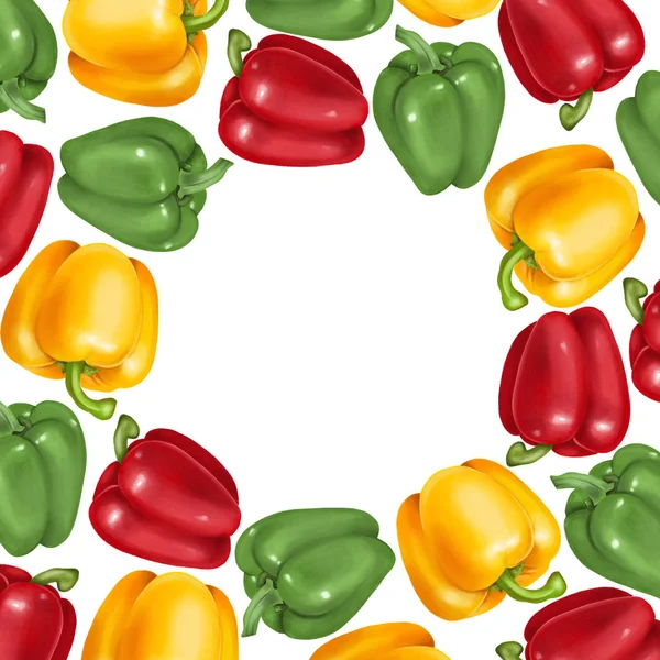 Кругла Рамка Шаблон Карти Зеленого Червоного Жовтого Перцю Рука Намальована — стокове фото