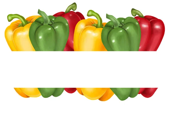 Rahmen Aus Grünen Roten Und Gelben Paprika Handgezeichnet Auf Weißem — Stockfoto