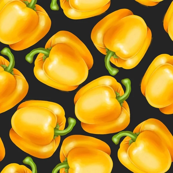 Nahtloses Muster Mit Gelben Paprika Handgezeichnet Auf Dunklem Hintergrund — Stockfoto