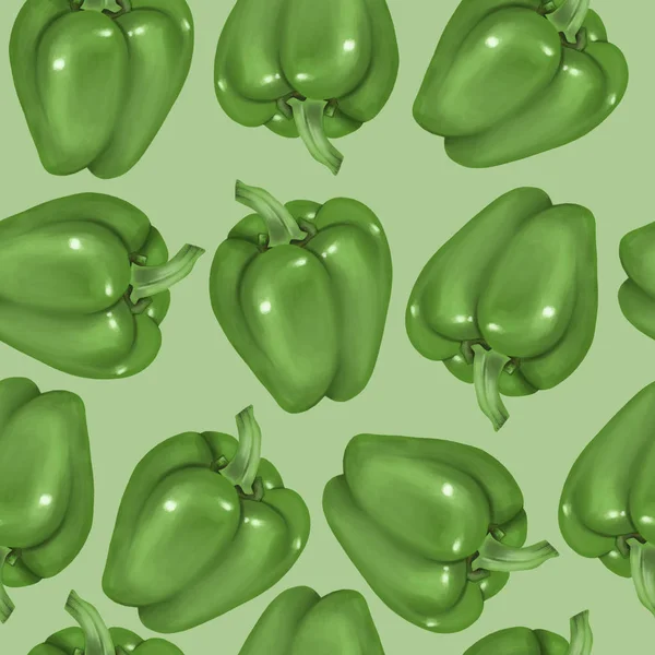 Nahtloses Muster Mit Grünen Paprika Von Hand Auf Grünem Hintergrund — Stockfoto