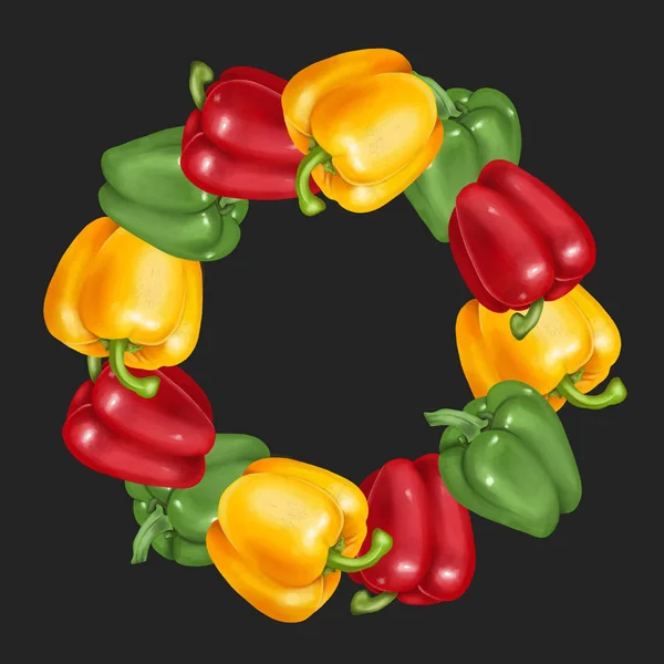 Wreath Green Red Yellow Bell Peppers Hand Drawn Dark Background — Stock Photo, Image