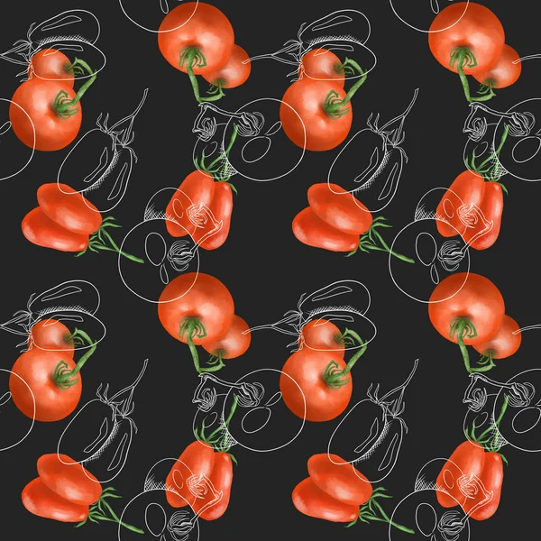 Nahtloses Muster Mit Roten Tomaten Handgezeichnet Skizzenstil Auf Dunklem Hintergrund — Stockfoto