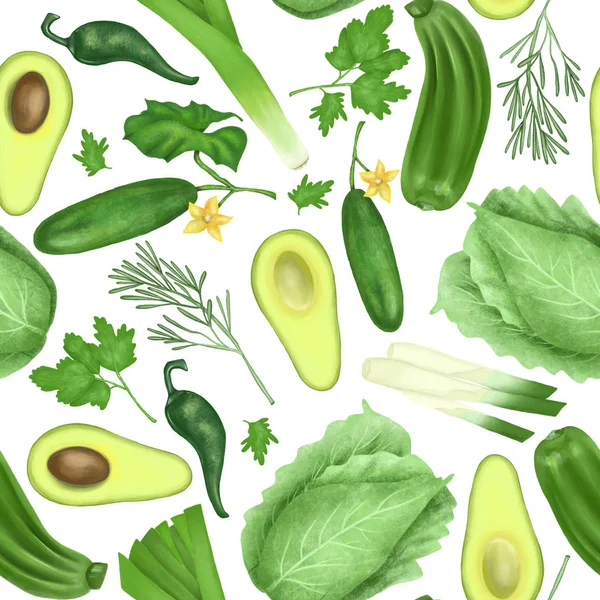 Płynny Wzór Zielonymi Organicznymi Warzywami Ziołami Awokado Ogórek Cukinia Pora — Darmowe zdjęcie stockowe