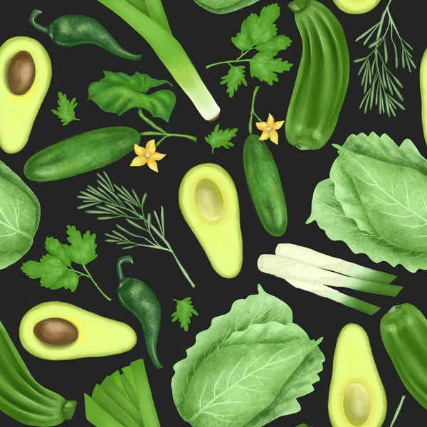 Seamless Pattern Green Organic Vegetables Herbs Avocado Cucumber Zucchini Leek — Stock Photo, Image