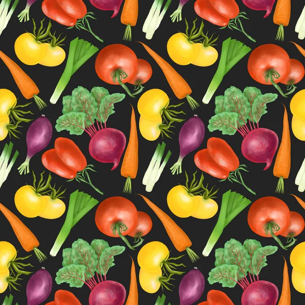 Seamless pattern with red and yellow organic vegetables and herbs (tomatos, carrot, beetroot, purple onion), hand drawn on a dark background