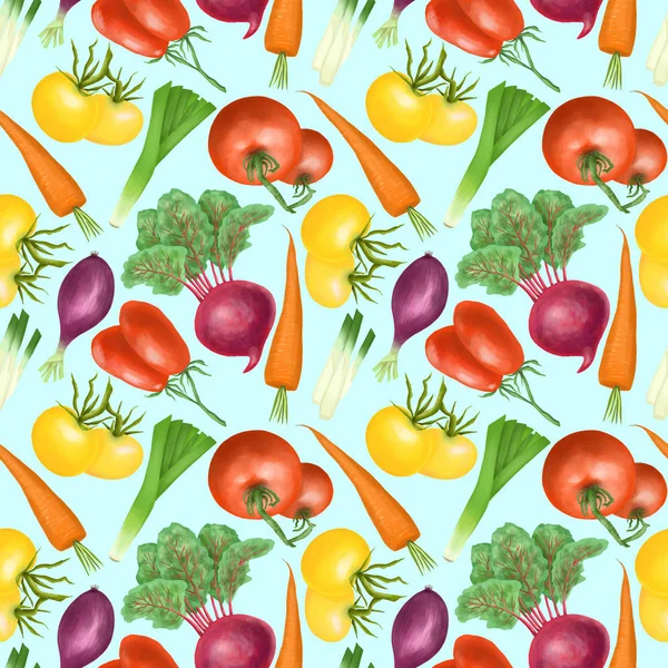 Seamless pattern with red and yellow organic vegetables and herbs (tomatos, carrot, beetroot, purple onion), hand drawn on a bright blue background