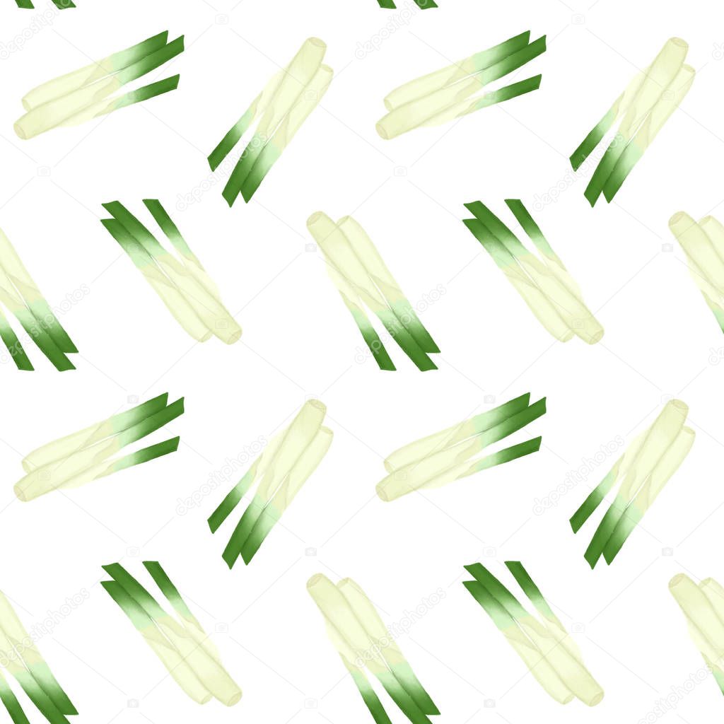Seamless pattern with green onions, hand drawn on a white background