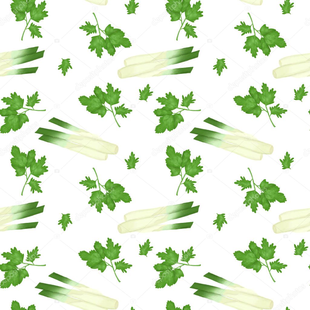 Seamless pattern with parsley and green onions, hand drawn on a white background
