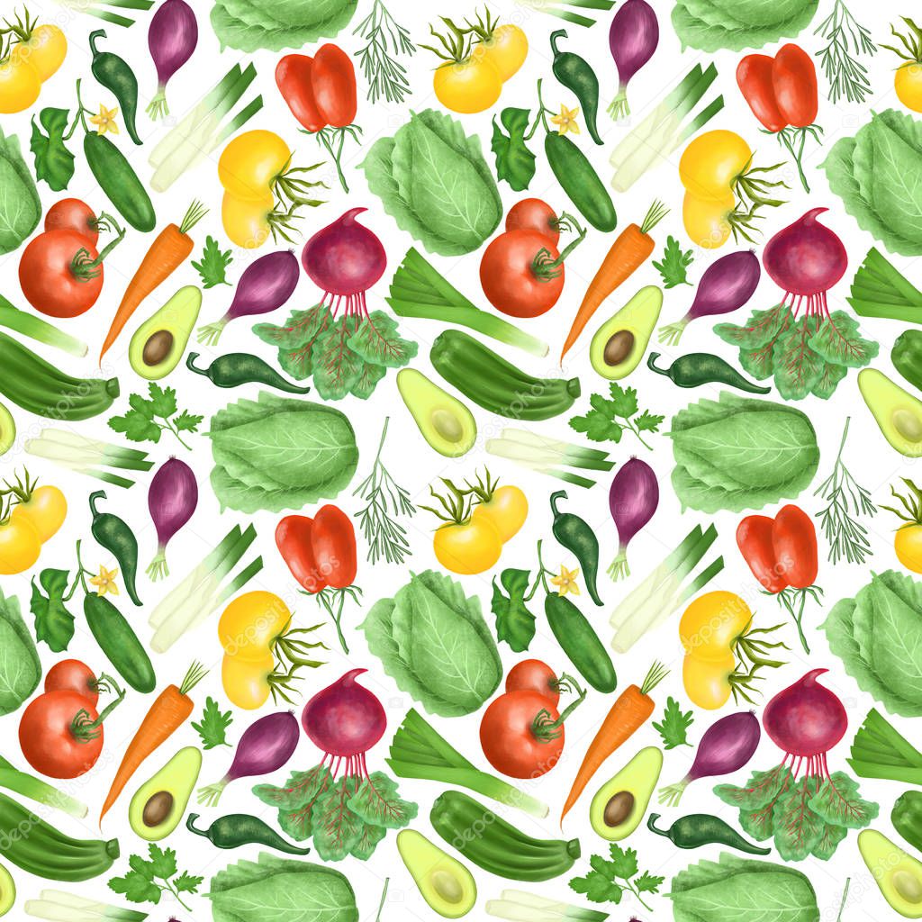 Seamless pattern with organic vegetables (tomatos, carrot, beetroot, purple onion, avocado, cucumber, zucchini, leek, cabbage, parsley, rosemary), hand drawn on a white background