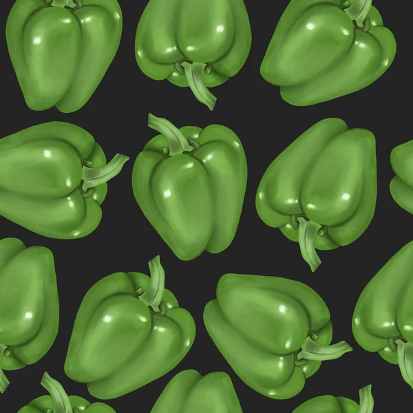 Nahtloses Muster Mit Grünen Paprika Handgezeichnet Auf Dunklem Hintergrund — Stockfoto