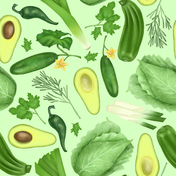 Seamless Pattern Green Organic Vegetables Herbs Avocado Cucumber Zucchini Leek — Stock Photo, Image