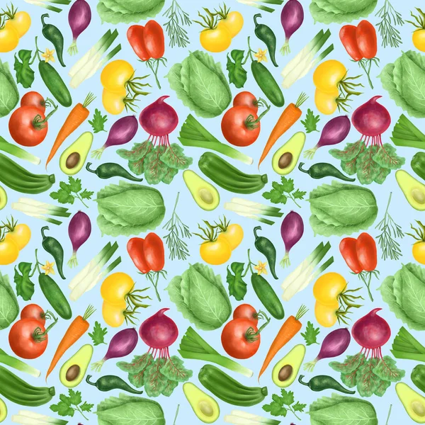 Seamless pattern with organic vegetables (tomatos, carrot, beetroot, purple onion, avocado, cucumber, zucchini, leek, cabbage, parsley, rosemary), hand drawn on a blue background — Stock Image Seamless Pattern Organic Vegetables Tomatos Carrot Beetroot Purple Onion Avocado Stock Image