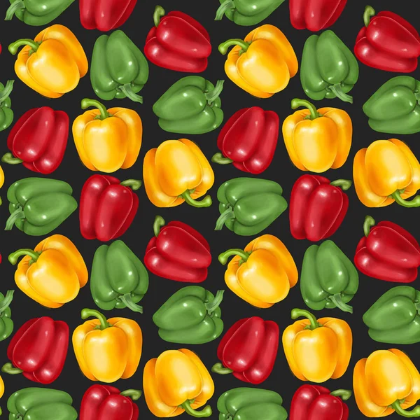 Nahtloses Muster Mit Grünen Roten Und Gelben Paprika Handgezeichnet Auf — Stockfoto