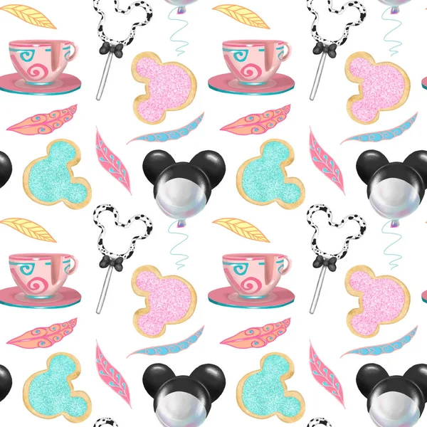 Seamless pattern with hand drawn sweets and souvenirs, attributes of the amusement park, magic kingdom, illustration on a white background