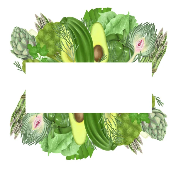 緑の野菜のフレーム アボカド コショウ キュウリ アーティチョーク ブロッコリー キャベツ アスパラガス 白を背景に描かれた手 — ストック写真