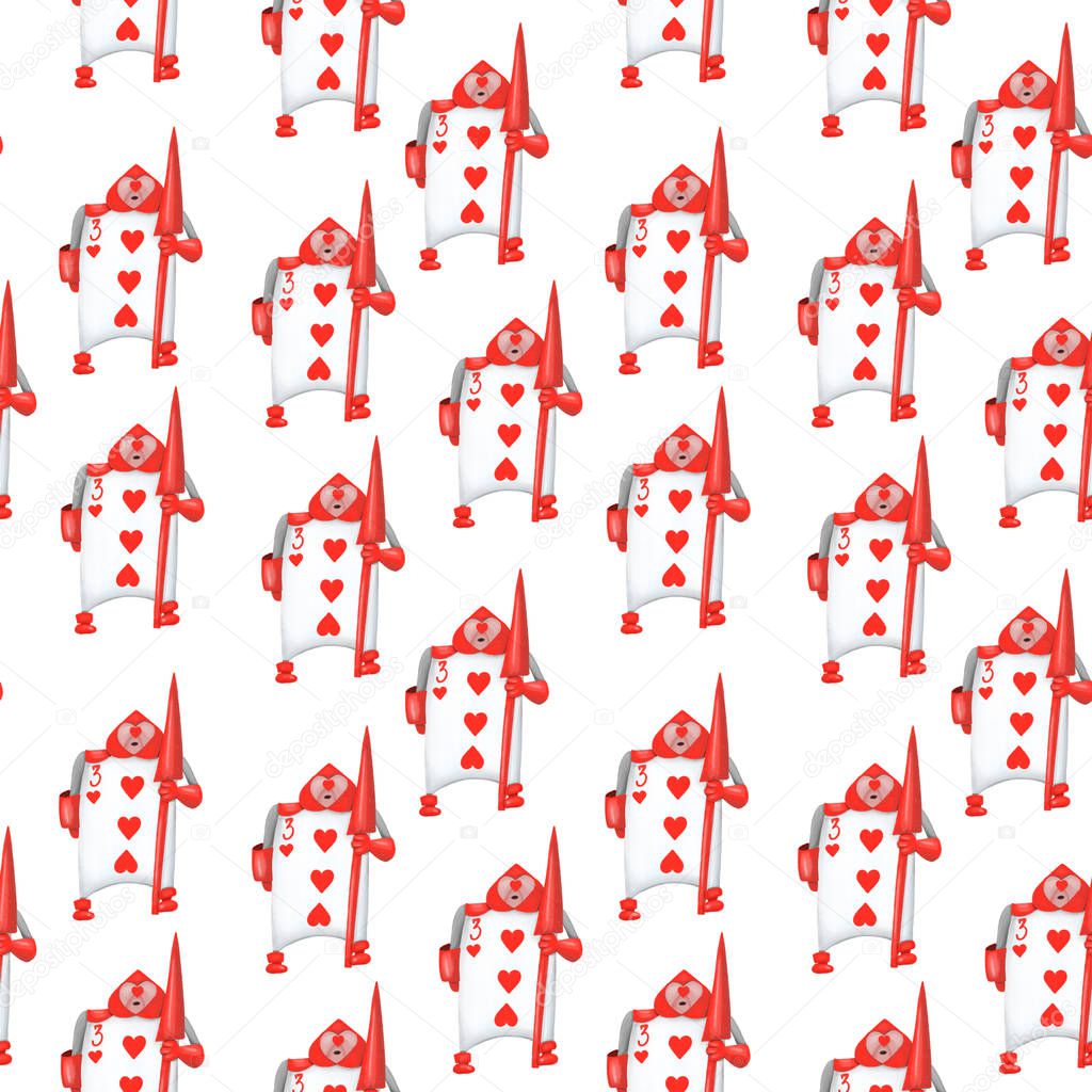 Seamless pattern with hand drawn cartoon cards, Alice in wonderland characters, illustration on a white background