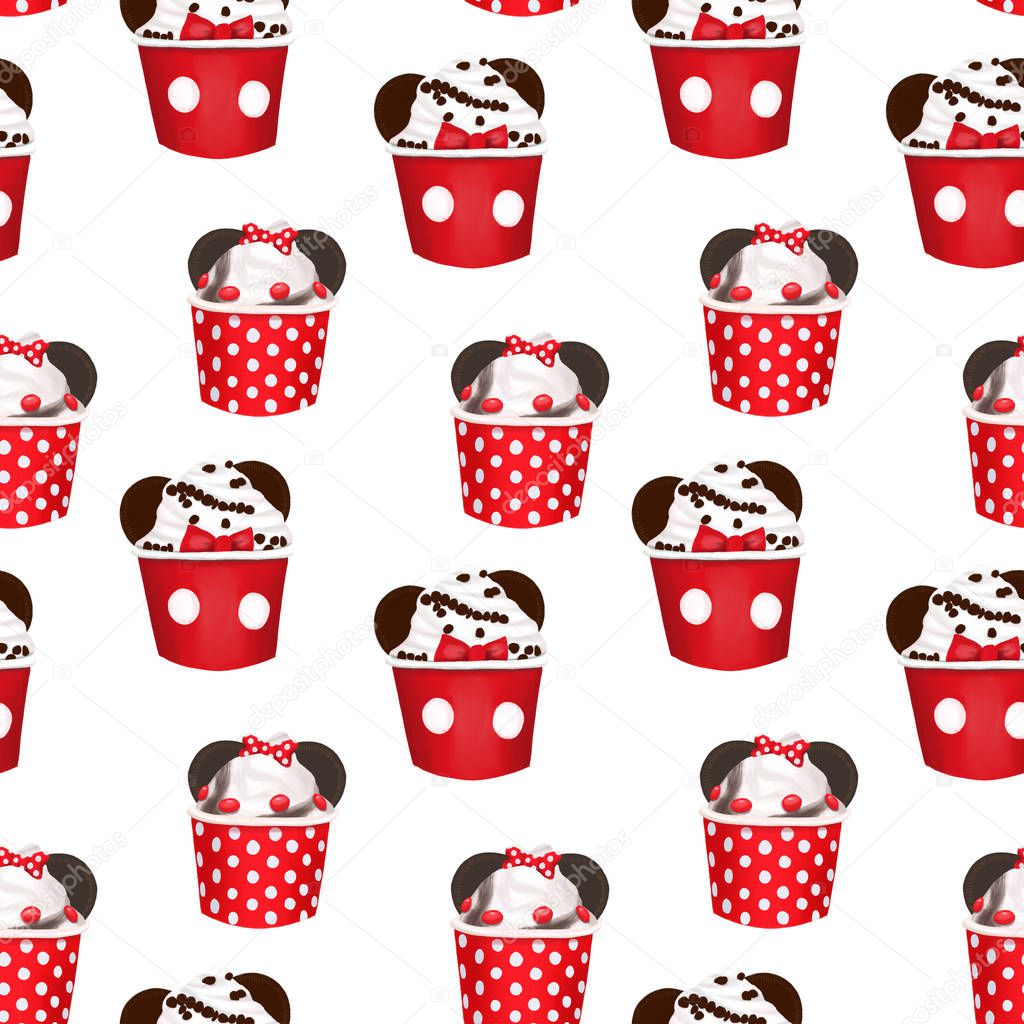 Seamless pattern with hand drawn ice cream in cartoon style, attributes of the amusement park, illustration on a white background