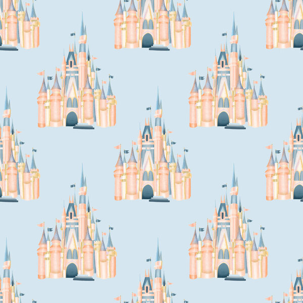 Seamless pattern with watercolor pink castle from magic kingdom, attribute of amusement park, hand drawn on a blue background
