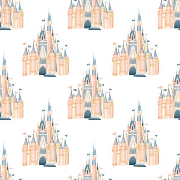 Seamless Pattern Watercolor Pink Castle Magic Kingdom Attribute Amusement Park — Stock Photo, Image