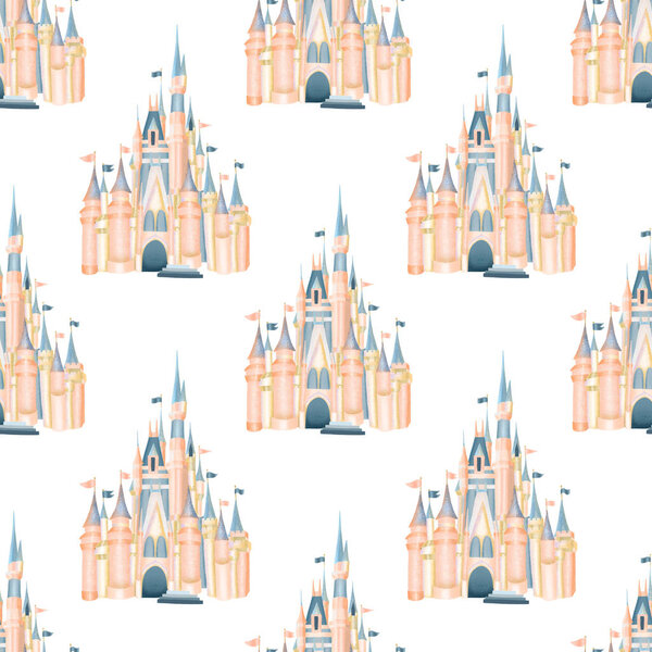 Seamless pattern with watercolor pink castle from magic kingdom, attribute of amusement park, hand drawn on a white background