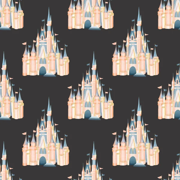 Seamless Pattern Watercolor Pink Castle Magic Kingdom Attribute Amusement Park — Stock Photo, Image