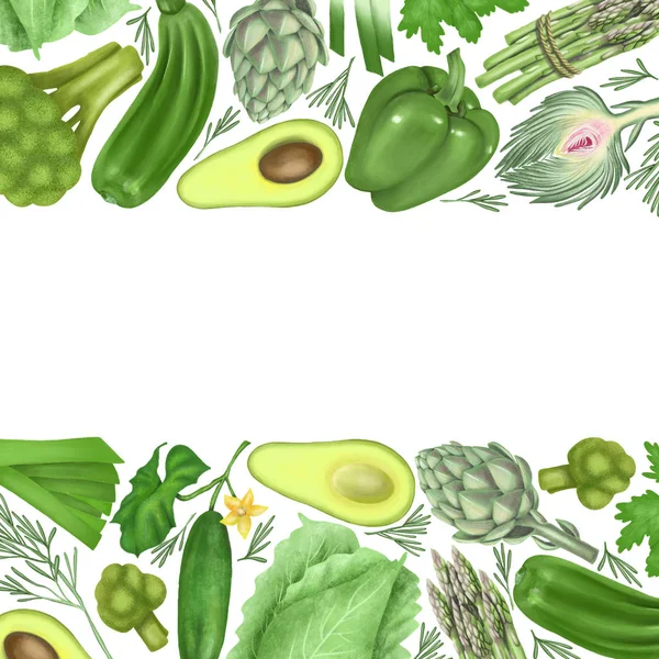 Borders Green Vegetables Avocado Pepper Cucumber Artichoke Broccoli Cabbage Asparagus — Stock Photo, Image