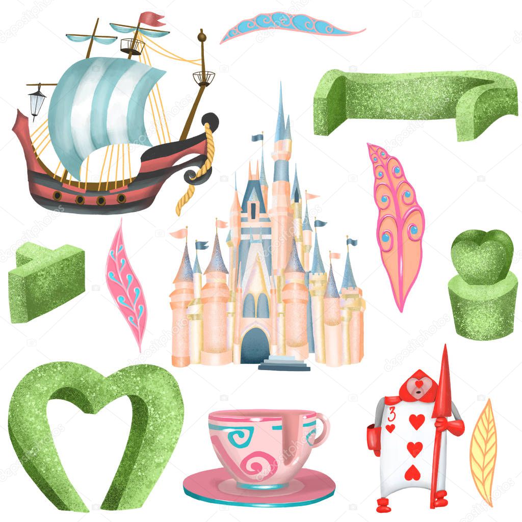 Illustration set with isolated elements of amusement park, hand drawn on a white background, attributes of magic kingdom park