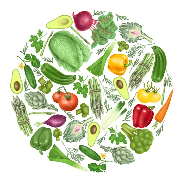 Rund Sammansättning Grönsaker Tomat Morot Avokado Peppar Gurka Kronärtskocka Broccoli — Stockfoto