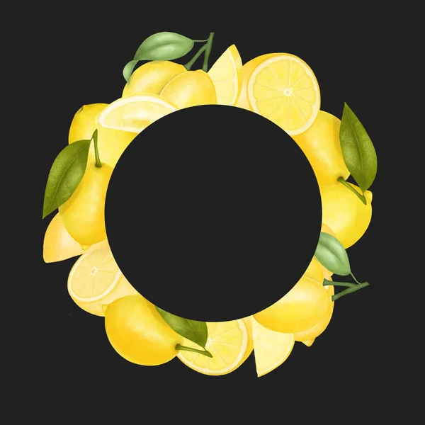 Frame Hand Drawn Lemons Isolated Illustration Dark Background — Stock Photo, Image