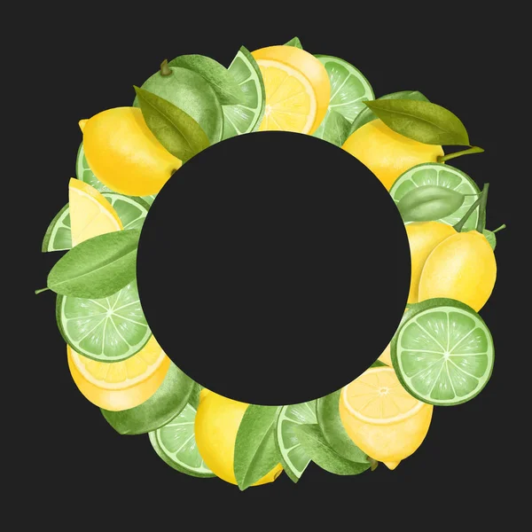 Frame Hand Drawn Lemons Limes Isolated Illustration Dark Background — Stock Photo, Image
