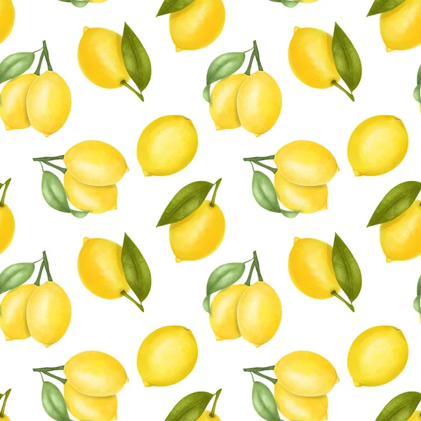 Patrón Sin Costuras Con Limones Hojas Dibujadas Mano Sobre Fondo — Foto de Stock