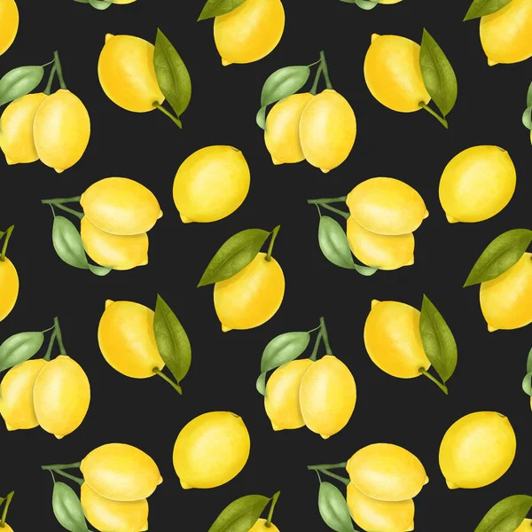 Seamless Pattern Hand Drawn Lemons Leaves Dark Background — Stock Photo, Image