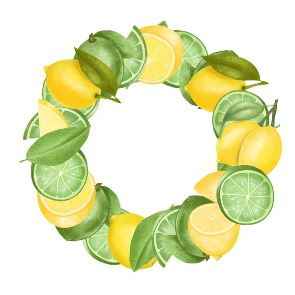 Wreath Hand Drawn Limes Lemons Isolated Illustration White Background — Stock Photo, Image