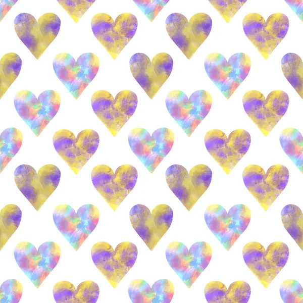 Seamless Pattern Yellow Purple Blue Watercolor Hearts Hand Drawn White — Stock Photo, Image