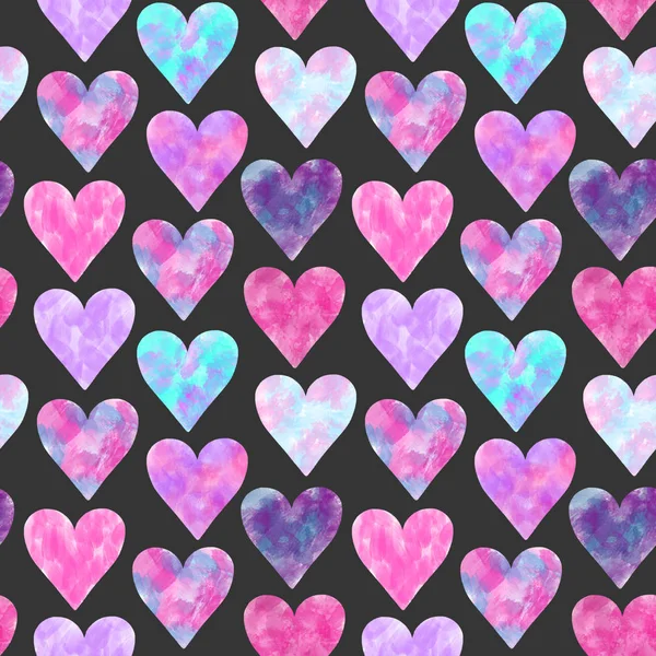 Seamless Pattern Pink Purple Watercolor Hearts Hand Drawn Dark Background — Stock Photo, Image