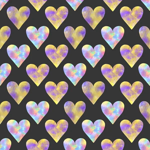 Безшовний Візерунок Жовтих Фіолетових Синіх Акварельних Сердець Рука Намальована Темному — стокове фото