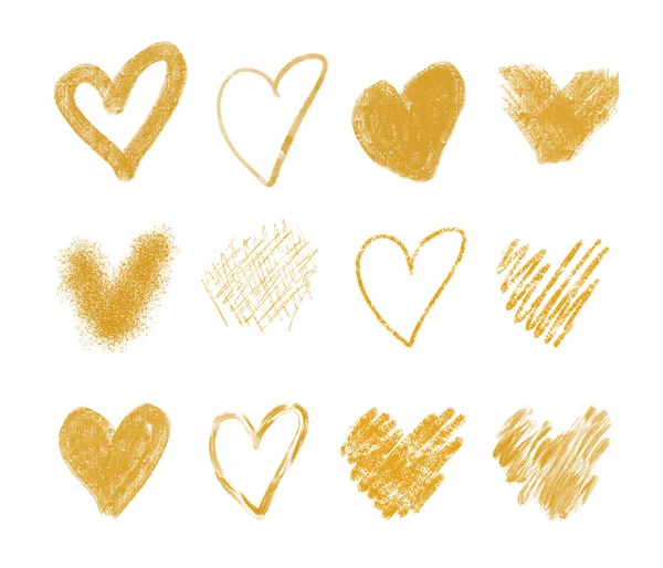Collection Hand Drawn Golden Hearts Isolated White Background — ストック写真