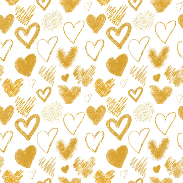 Bezešvé Vzor Ručně Kreslených Zlatých Srdcí Bílém Pozadí — Stock fotografie