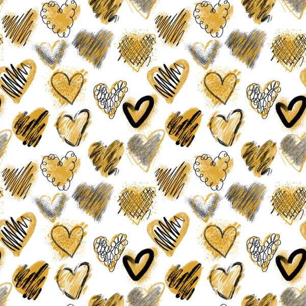 Seamless pattern with stylish black and golden hearts, hand drawn on a white background