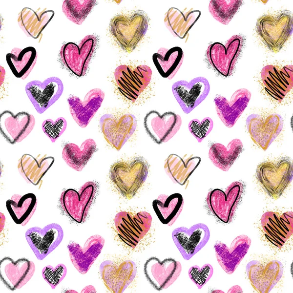 Bezešvé Vzor Kreativní Růžové Purpurové Srdce Ruka Kreslené Bílém Pozadí — Stock fotografie