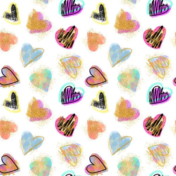 Seamless Pattern Creative Colorful Hearts Hand Drawn White Background — ストック写真