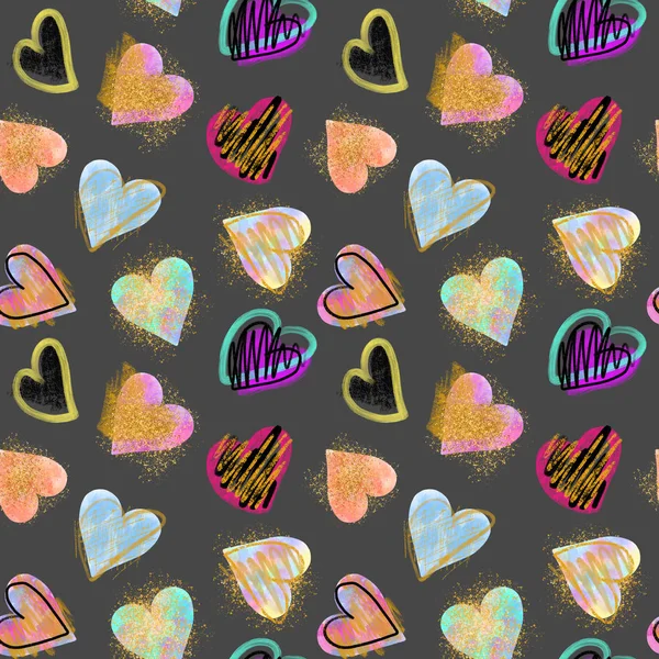 Seamless Pattern Creative Colorful Hearts Hand Drawn Dark Grey Background — Stock Photo, Image