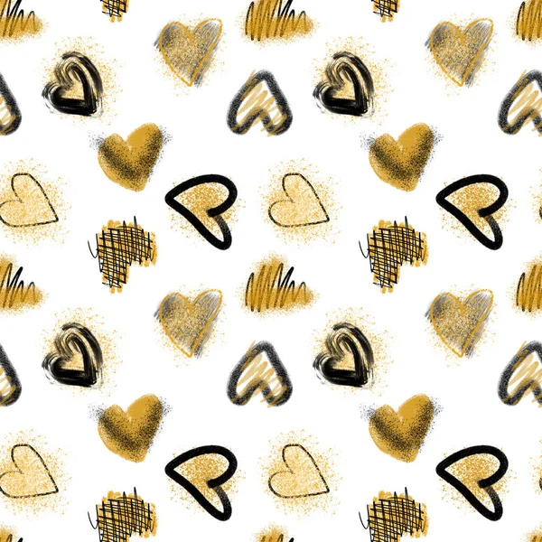 Seamless Pattern Stylish Black Golden Hearts Hand Drawn White Background — ストック写真