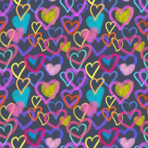 Seamless pattern of simple colorful hearts, hand drawn on a classic blue background