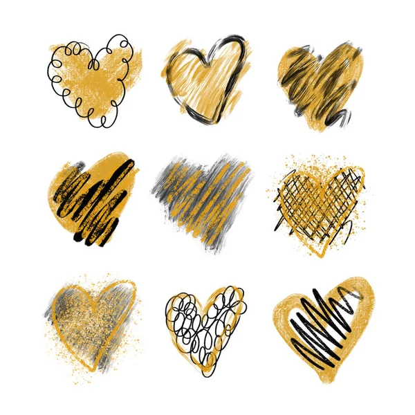 Collection Stylish Black Golden Hearts Hand Drawn Isolated White Background — ストック写真