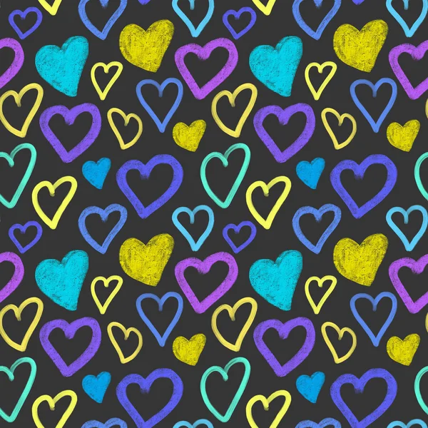 Seamless Pattern Simple Blue Yellow Hearts Hand Drawn Dark Background — 图库照片