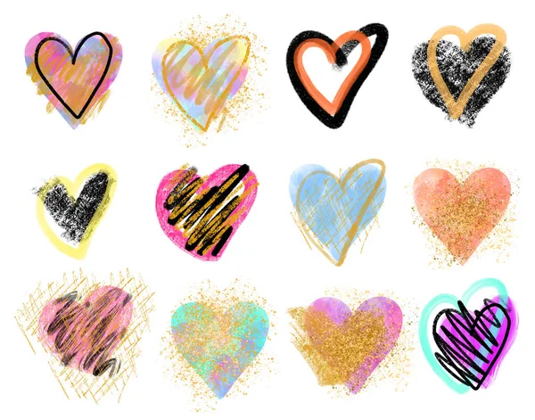 Collection Creative Colorful Hearts Hand Drawn Isolated White Background — ストック写真